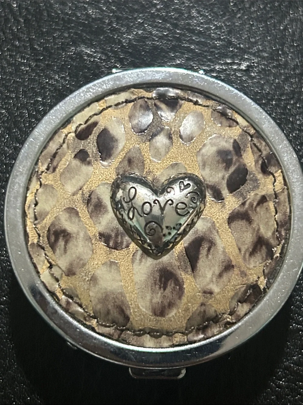 Brighton Leather Leopard Print Pill box with Silver 'Love' Heart